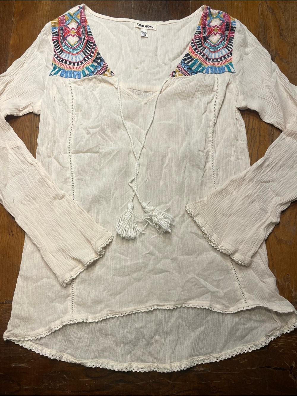 Billabong Ivory Embroidered Boho Gauze Peasant Tunic Top Women Sz M